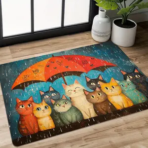 Cute Cartoon Cats Under Umbrella Pattern Area Rug Kawaii Rug Soft Non Slip Washable Decorative Floor Mat for Living Room Bedroom Entryway Home Interior Decoration