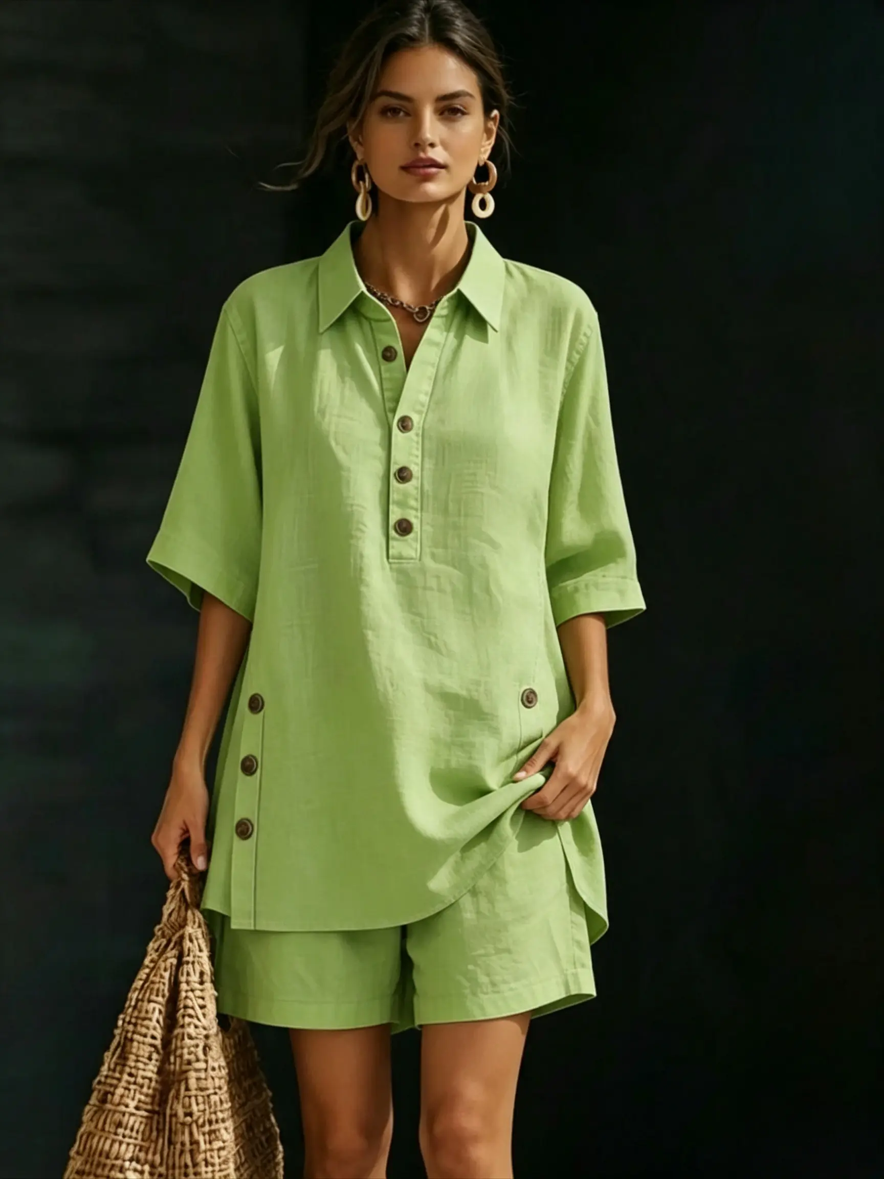 Women 2 Piece Linen Matching Set, Collared Half Button Tunic Shirt & Elastic Waist Casual Shorts Outfit