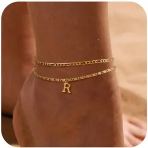 initial ankle bracelets for women,layered waterproof anklet women gold filled anklets layering thin figaro letter summer gifts