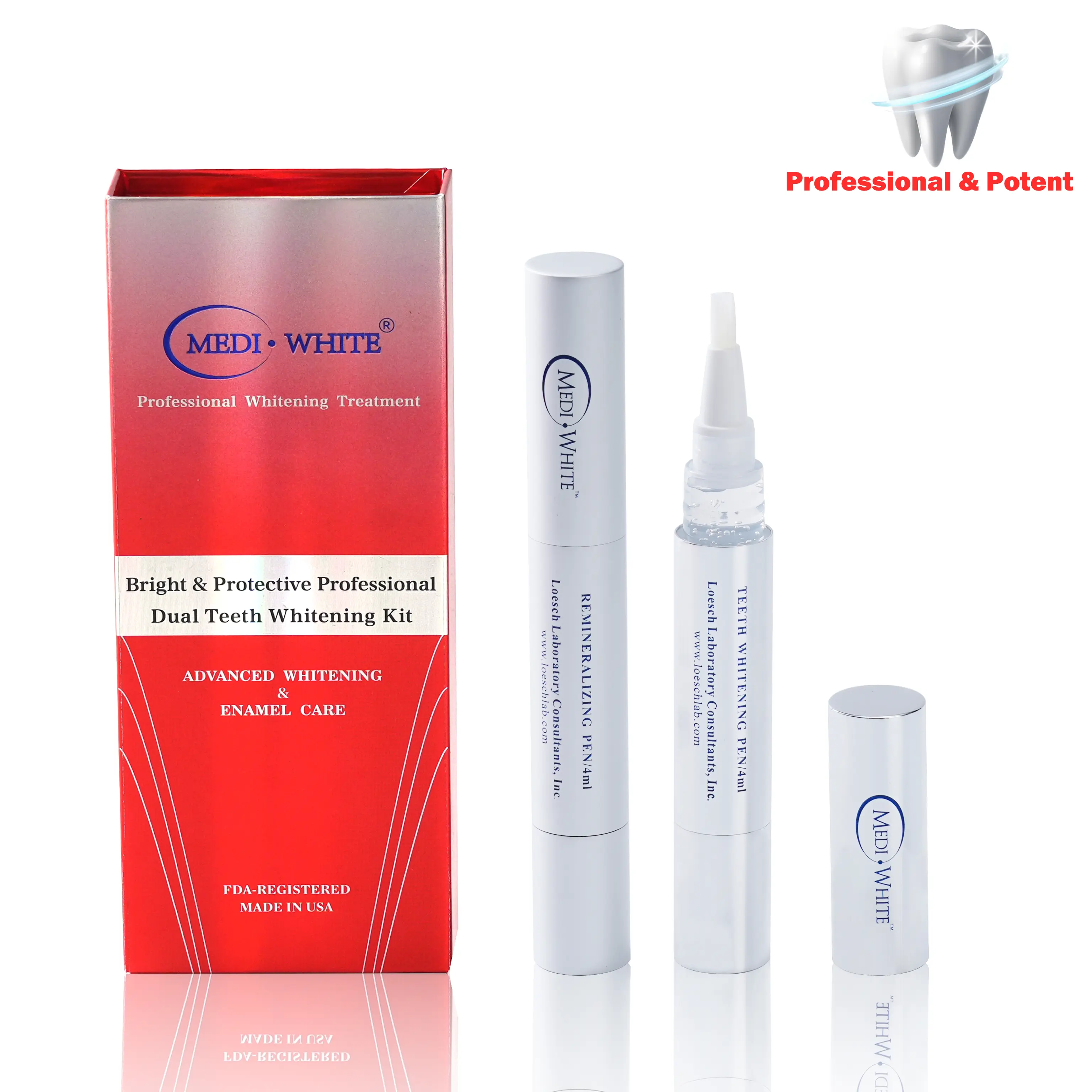 MediWhite Professional Teeth Whitening Kit with Teeth Whitener Pen & Remineralization Gel Pen, On-the-Go Whitening Applicator, Oral Brush Cleanser