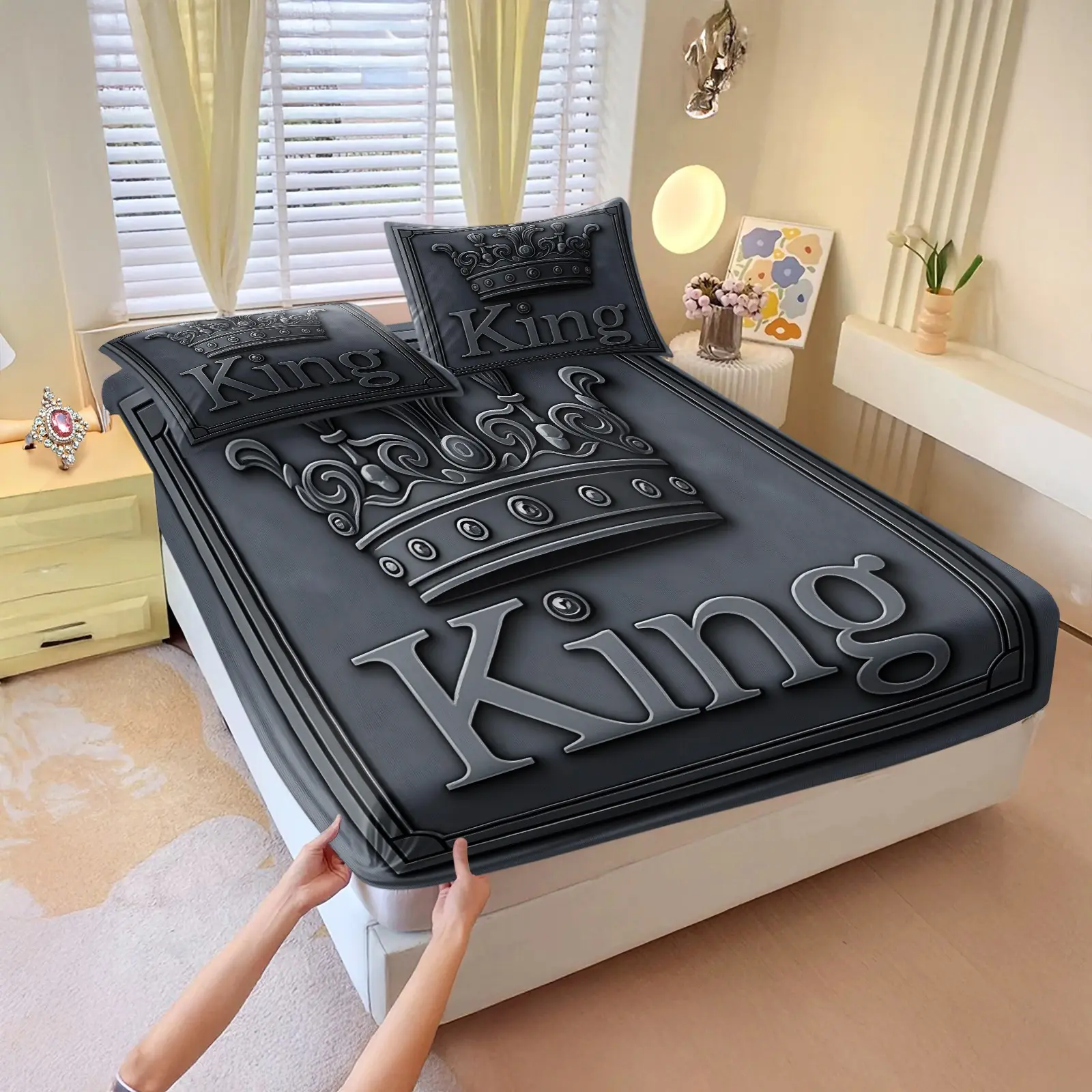"King" Crown Print Fitted Sheet Set, 3 Piece Soft Microfiber Bed Sheet Set with Pillowcases, Bedroom Printed Bedding Set, Wrinkle-Resistant & Durable, Regal Bedroom & Guest Room Decor, Perfect for Him to Feel Like Royalty - No Filling, Bed Sheets Set