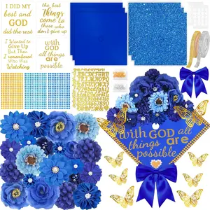 58Pcs Graduation Cap Decorations Kit Grad Cap Topper with Faux Flowers 3D Butterfly Stickers Rhinestones for DIY Cake Photo Art Graduation Party Supplies Blue