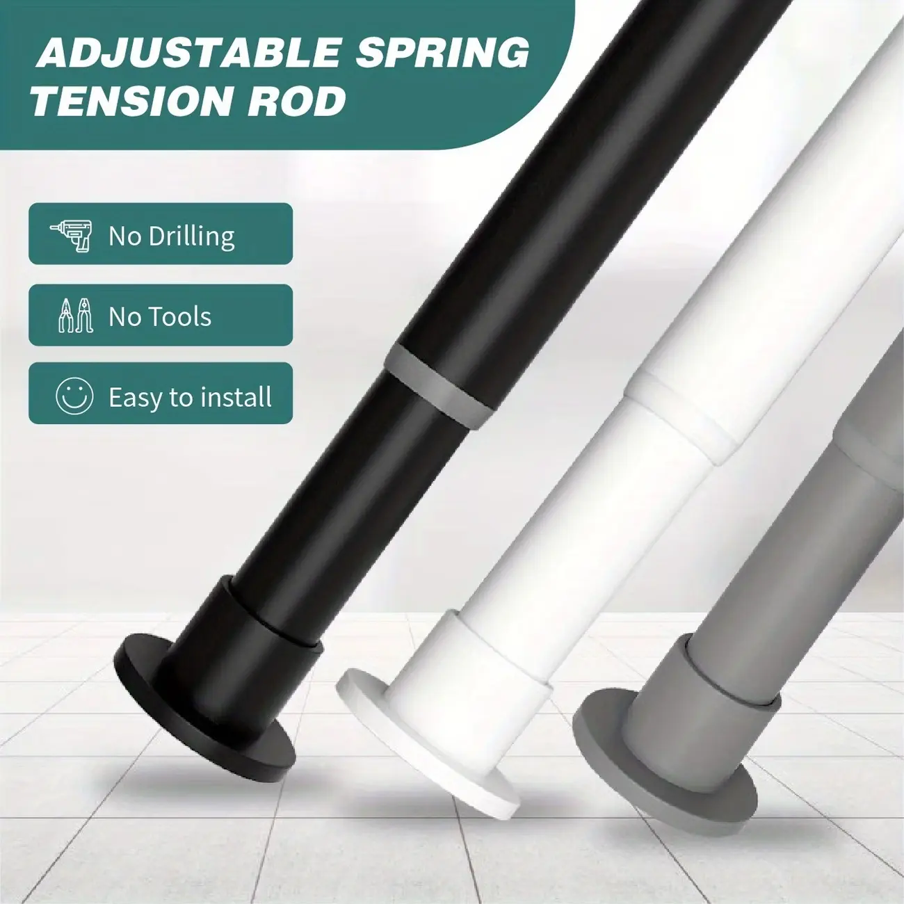 No-drill black telescopic hanging rod for home use; adjustable wardrobe support rod; curtain/bath curtain divider storage rod