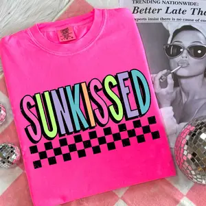 Comfort Colors Checkered Neon Sunkissed T-Shirt, Bright Summer Shirt, Sunshine Shirt, Beach Life Tee, Summer Neon Trendy Tee, Summer Distressed Beach TShirt