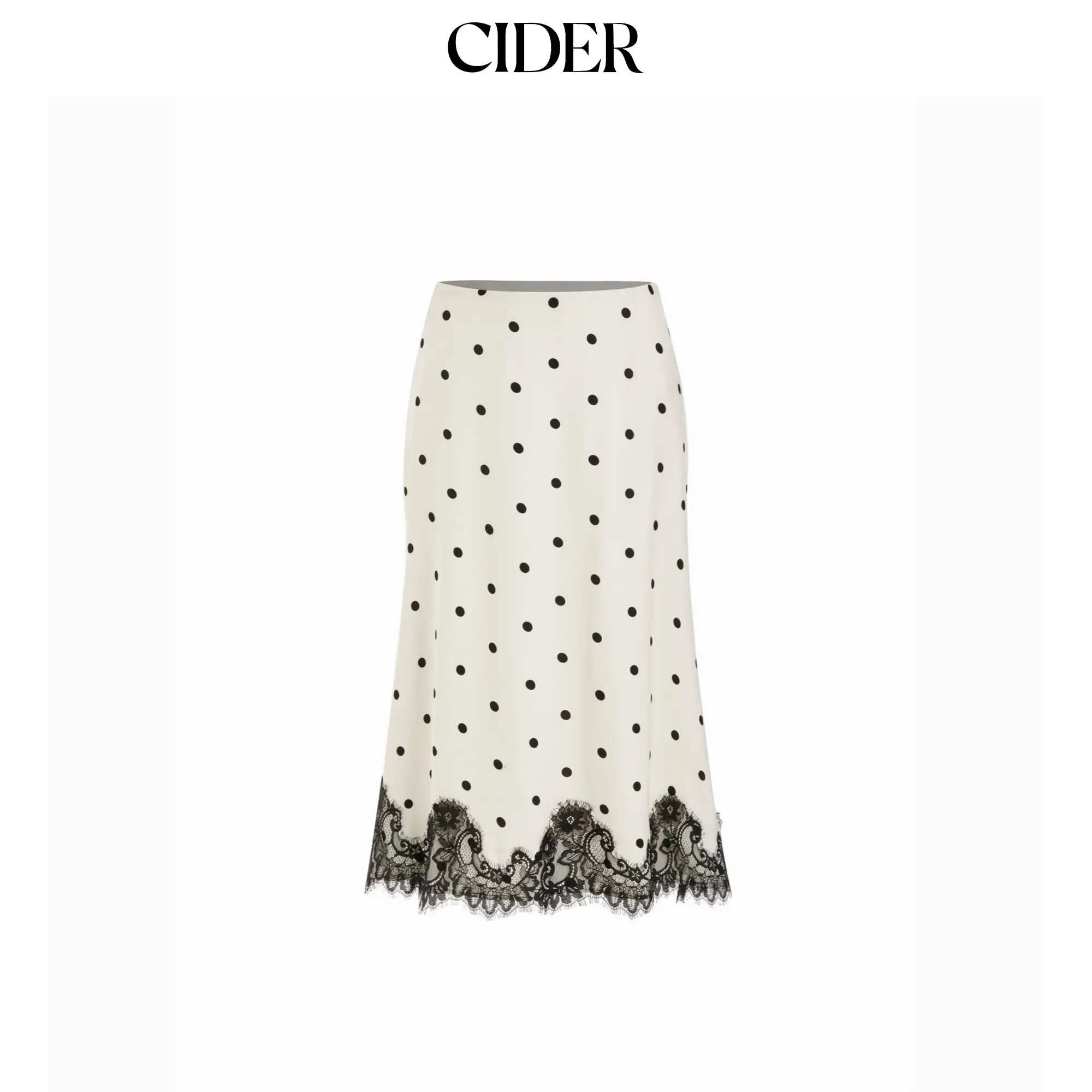 Cider Chic Polka Dot Midi Skirt, Elegant A-Line Satin Bottom with a Mid Rise Fit and Lace Trim