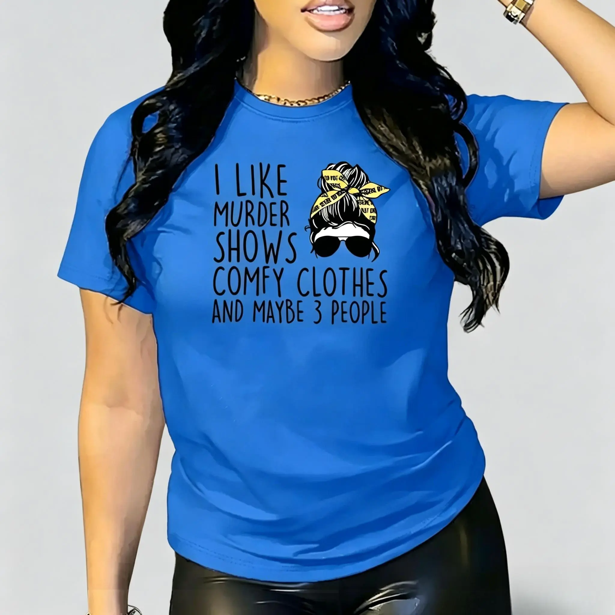 "I Like Murder Shows" Printed Tee for Women, Funny True Crime Graphic Top, Oversized Shortsleeve Classic Fit Cotton T-Shirt, True To Size, Fabric, Casual, Tshirt, Short Sleeves, Smooth, Pure Cotton, Basic, Graphic Print, All Seasons, Asymmetrical, Streetw