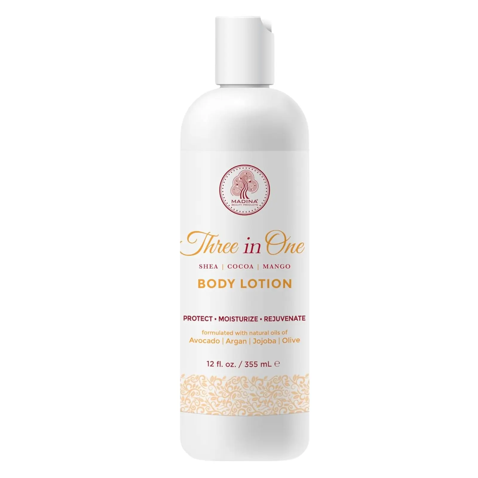 Madina 3 in 1 Shea, Cocoa, Mango Butter Lotion 12 oz. Plastic Bottle