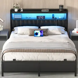iSunirm Full/Queen/King Size Bed Frame, Solid Metal Slat, Adjustable Upholstered Faux Leather Headboard with LED Lights -【Frame Only No Mattress】