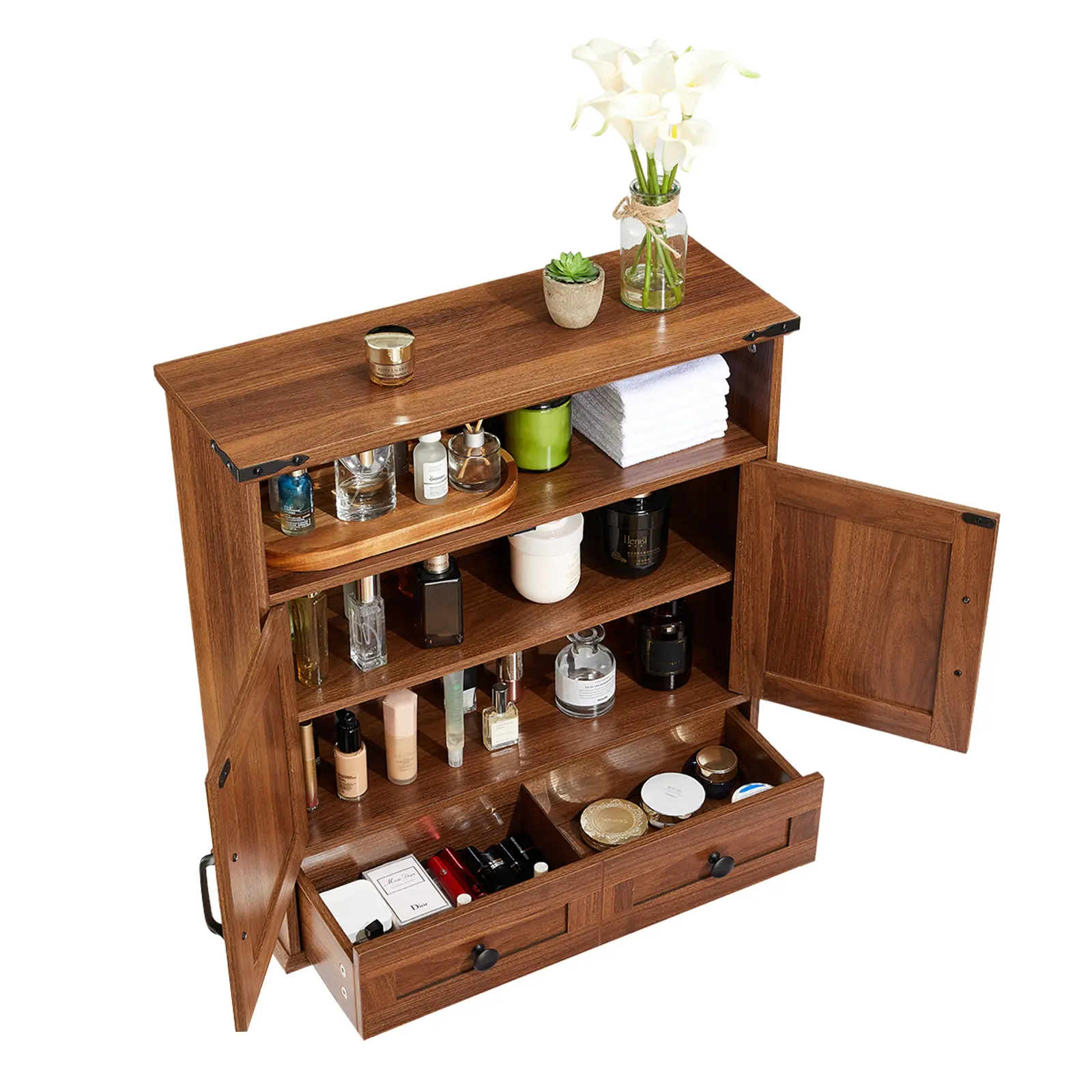 Garvee Farmhouse Bathroom Wall Cabinet with Double Barn Doors - Adjustable Shelves & Removable Drawer - 5-Tier Waterproof Storage Organizer for Bathroom, Kitchen, Laundry Room, Entryway - 25x24x8.7 Inch