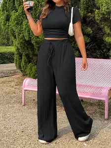 USBoutique Chic Women's Solid Color Tee & Flare Leg Pants Two-piece Set, Casual Fashion Minimalist Cozy Two Piece Outfits for Daily Outdoor Wear, Women Clothes for Summer