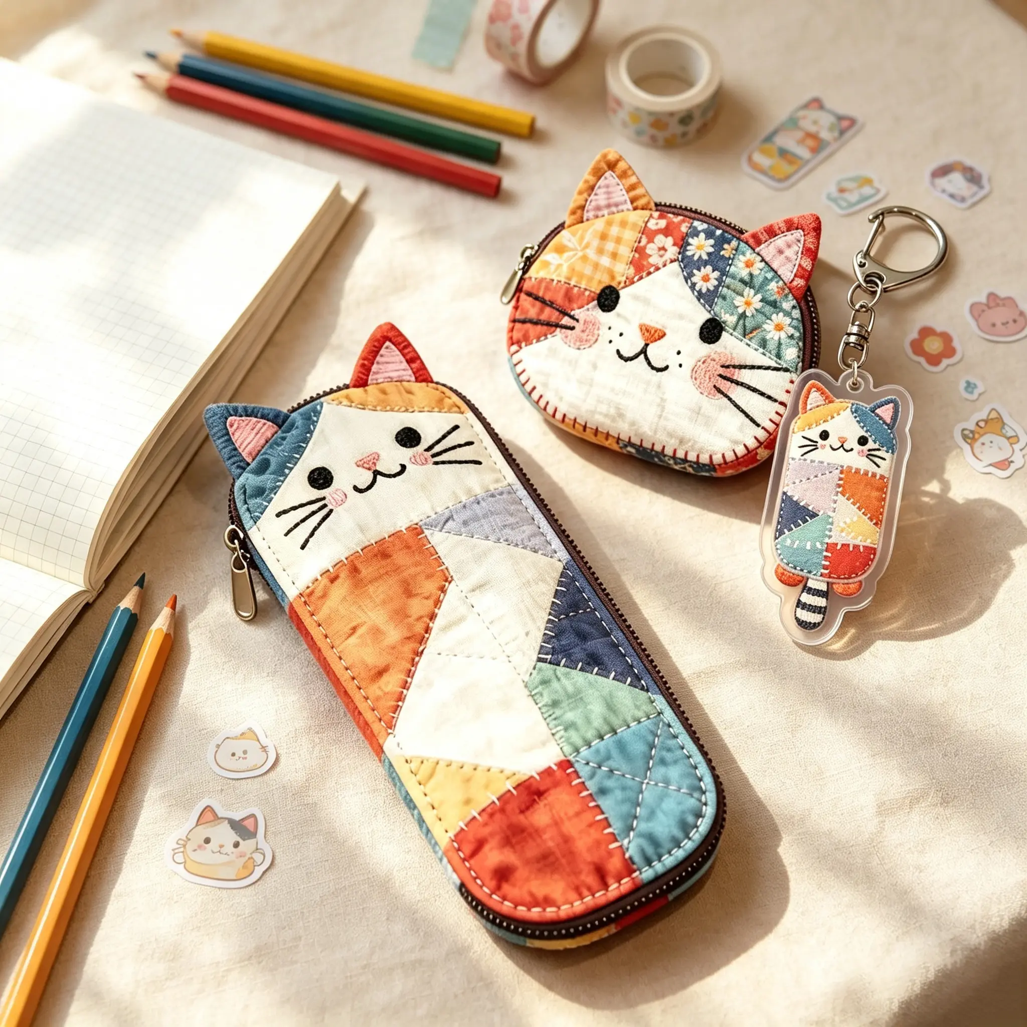 3pcs-Patchwork Kitten Pencil Case – Trendy, Portable, and Girly Style Stationery Organizer
