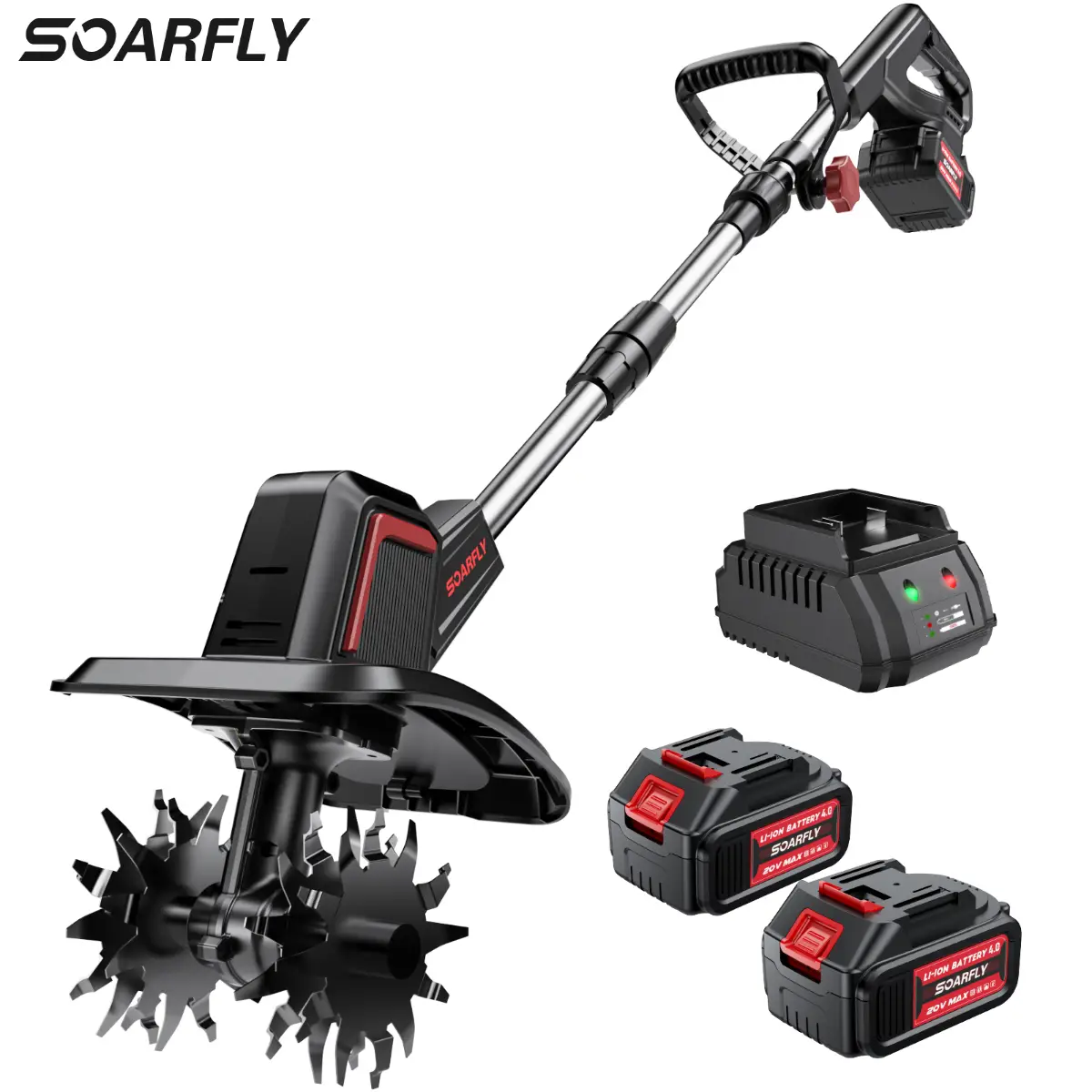 SOARFLY 20V Cordless Tiller Cultivator, 360 RPM, With 2×4.0AH Batteries & Charger, 9 inch Width, 6.6 inch Depth, 48 Steel Tines Rototiller for Lawn/Ga
