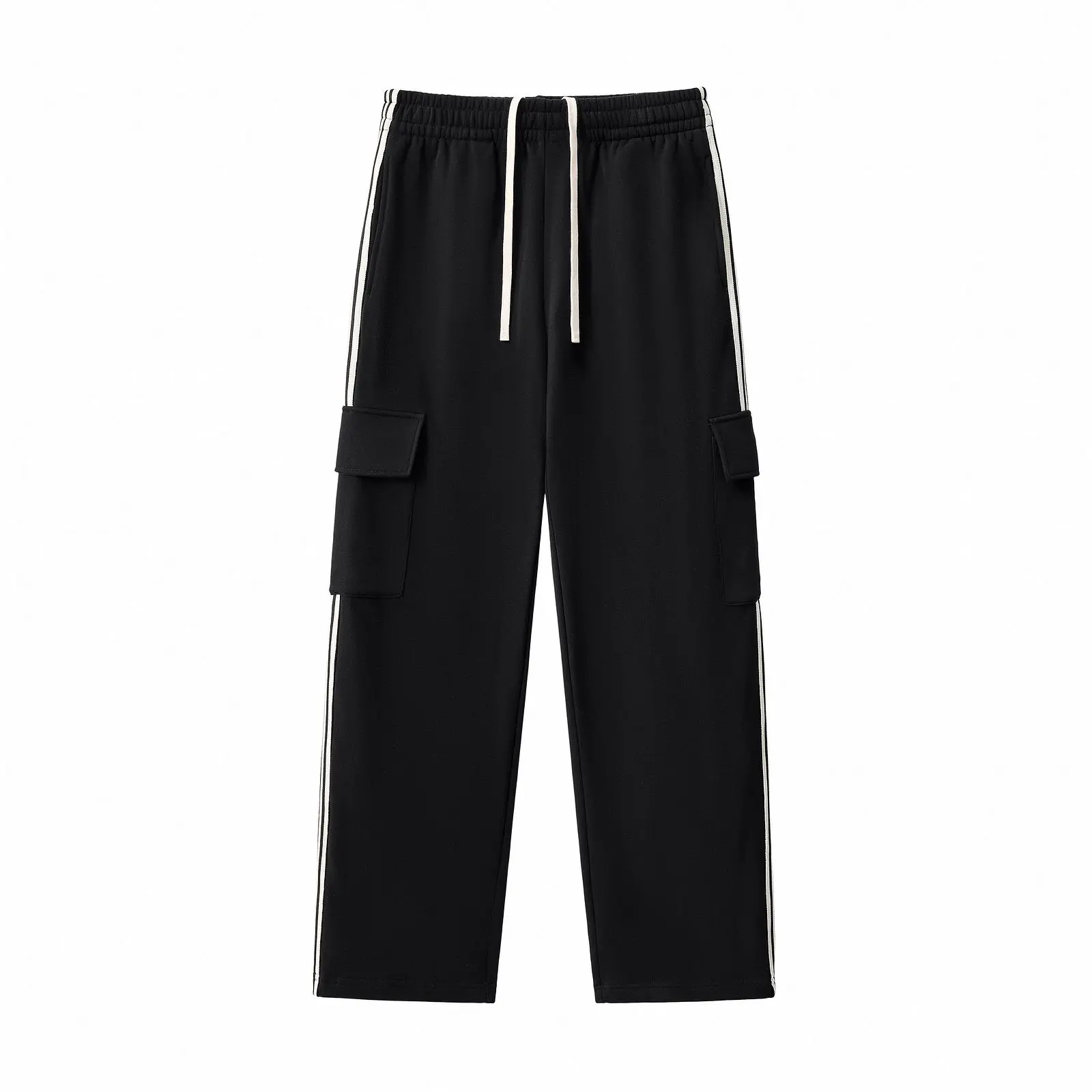 Dual Leg Side 3 Contrast Stripe Large Cargo Patch Pockets High Waist White Drawstring Wide Leg Sweat Pants | Perfect For Match With Three Stripe Zip Track Jacket & Hoodie Outfits