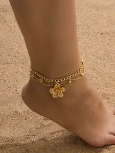Women's Floral Design Dainty Layered Anklet Bracelet, Fashionable Casual Jewelry Accessory for Daily Wear