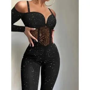 Women's Sexy One-Piece Long Sleeve Bodysuit - Off-Shoulder/One-Shoulder Design with Lace Detailing & Mesh Panels, Solid Black, Machine Washable, All-Season Versatile Wear for Parties, Night-Outs & Casual Events, Party Outfit, Offshoulder Fa
