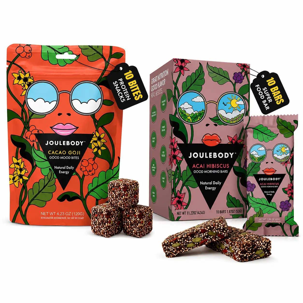 JOULEBODY Superfood Bars & Bites, Cacao Goji & Acai Hibiscus | 10g plant protein and 8g Fiber in Bars | 4g plant protein and 5g fiber per 2-Biite serving Organic Nutrition Bites & Energy Bars, Fiber-Rich Whole-Food Snacks, Vegan, Gluten-Free