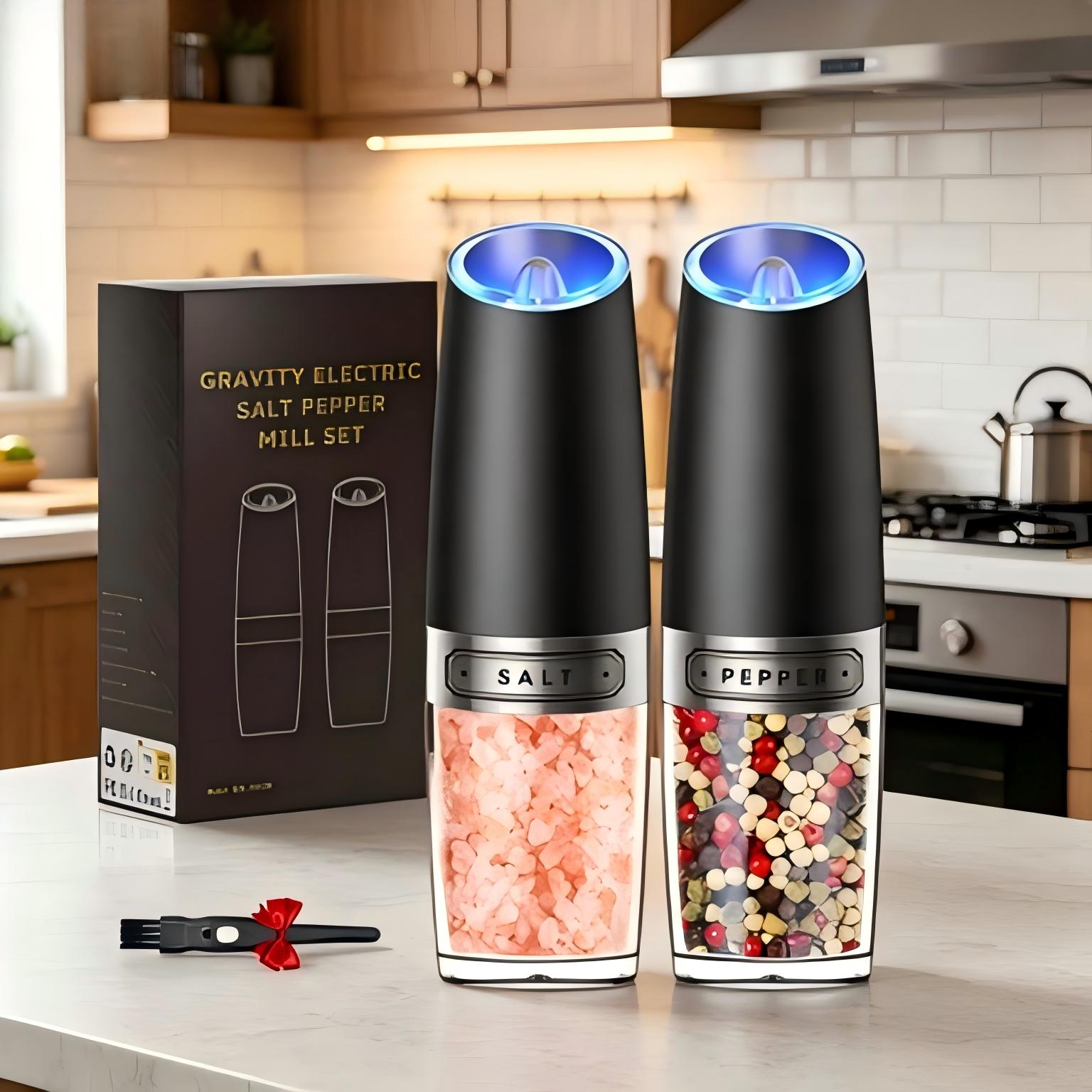 Gravity electric salt and pepper grinder set, automatic shakers mill with LED light, battery-powered, adjustable coarseness, one-hand operation, upgraded larger capacity.