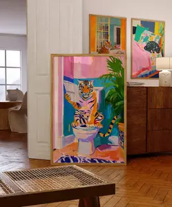 Tiger Poster, Maximalist Bathroom Wall Art, Trendy Toilet Decor, Dopamine Decor, Pink Kitsch Aesthetic, Tiger On Toilet, Preppy Wall Art Glossy Photo