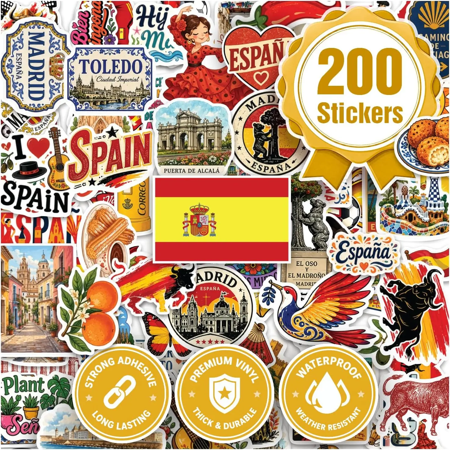 200 Pieces Spain Flag Stickers – World Country Flags Vinyl Decals, Waterproof Stickers for Laptop, Water Bottle, Phone, Luggage & Travel