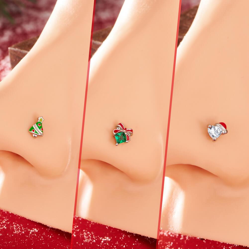 Oufer  Christmas3PCS 20G Christmas L-shaped Nose Piercing Ring Set with Santa Boots Tree Cubic Zirconia for Festive Holiday Wear