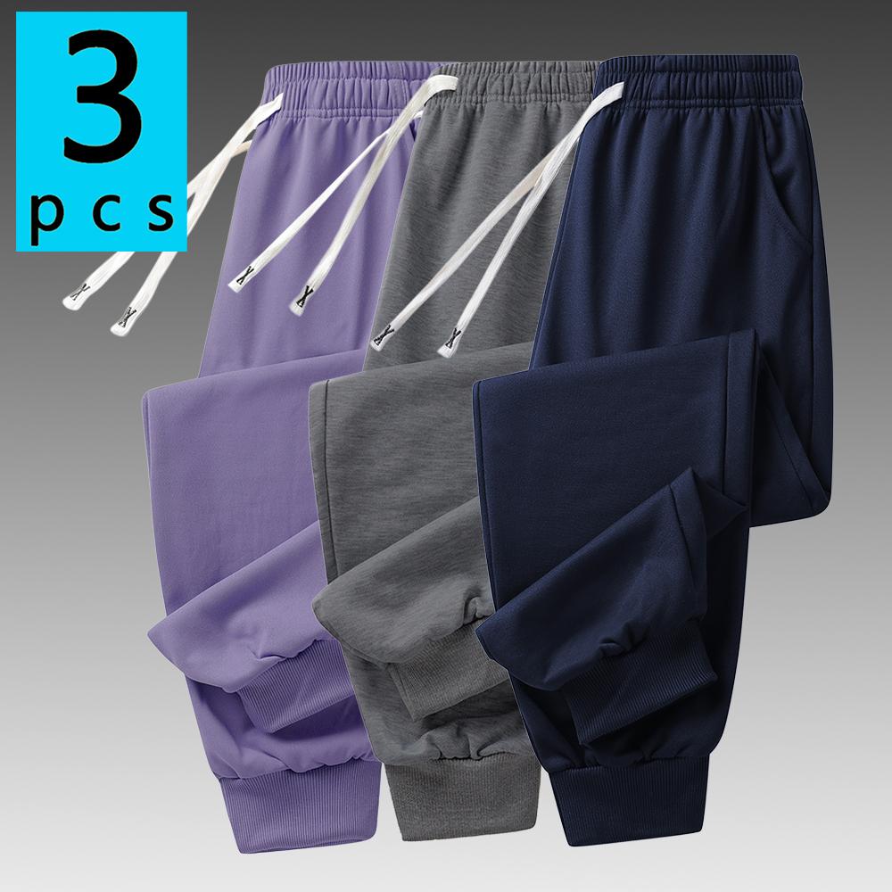 Pack of 3 men’s new casual athletic pants for all seasons—fitness/running joggers, solid-color outdoor jogger pants with cuffs—suitable for everyday wear and workouts in spring and autumn. streetwear comfy