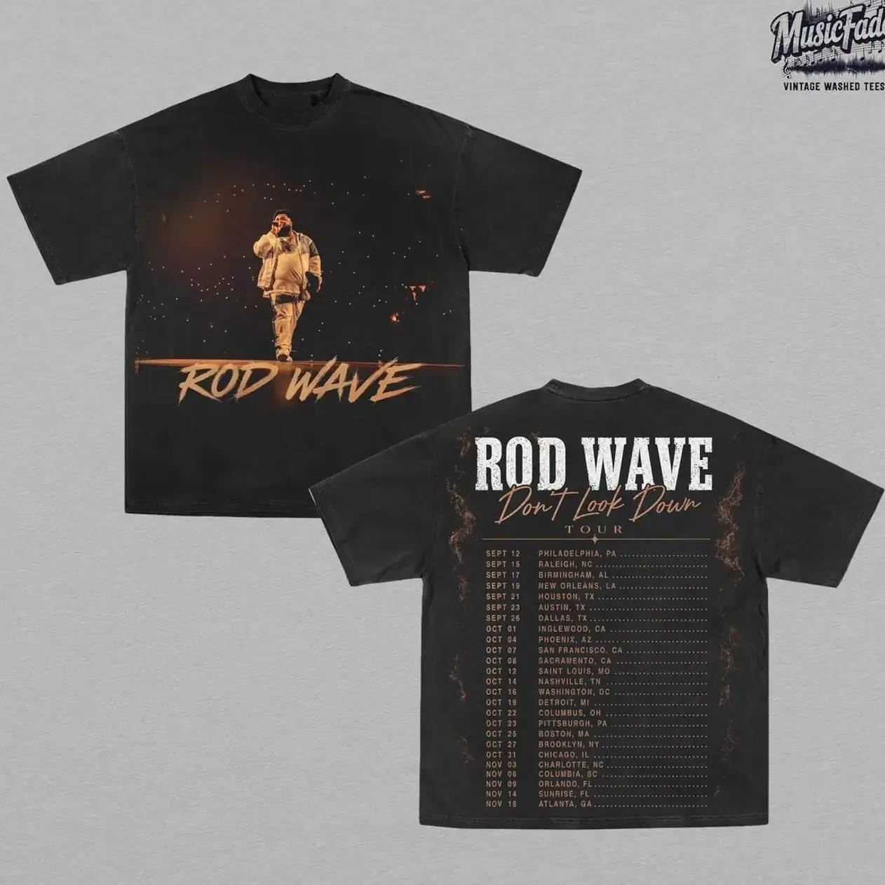Rod Wave Don't Look Down Tour Vintage Washed Oversized Classic Soft Seamless Short-Sleeve T-Shirt - Double-Sided Tour Dates Graphic, Heavyweight Cotton Acid Wash Hip Hop Rap Streetwear Tops, Unisex Fan Merch Gift Tee, Shortsleeve
