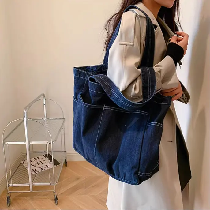 Large Denim Tote Bag, Open Top Casual Shoulder Handbag, Multi Pocket Washed Denim Shopper Bag, Lightweight Daily Carry Bag for Work, Shopping, School and Short Trips