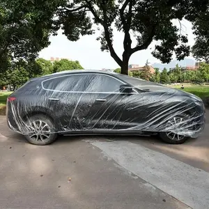 Disposable Transparent Plastic Car Cover, Waterproof Car Cover, Rain & Dust Proof Disposable Car Cover with Elastic Belt, Car Exterior Accessories for Small & Medium-sized Cars