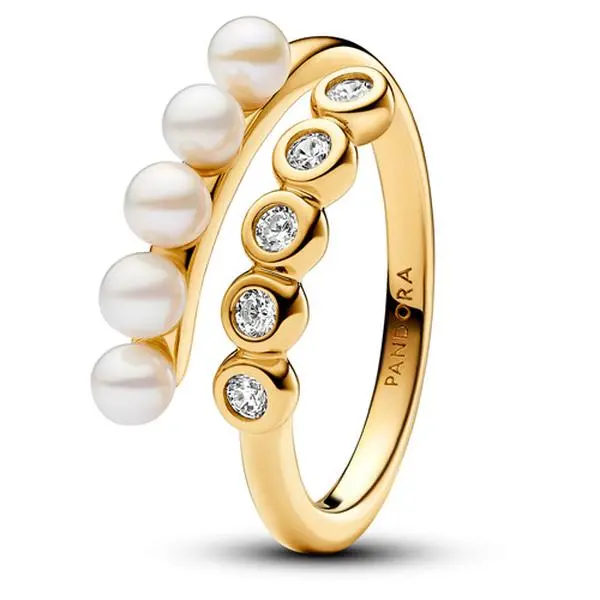 Pandora Silver Statement Ring, Treated Freshwater Cultured Pearl Row & Pave Stones Open Design with Bleaching and Lustre Enhancement, 1 Size Option 163146C01-56, Statement Pieces, One Size, Chic Fusion