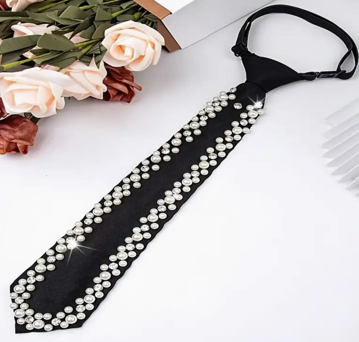 Elegant Vintage Rhinestone Tie without Knots Original Niche Design Convenient Style Black Decoration for Stylish Outfits