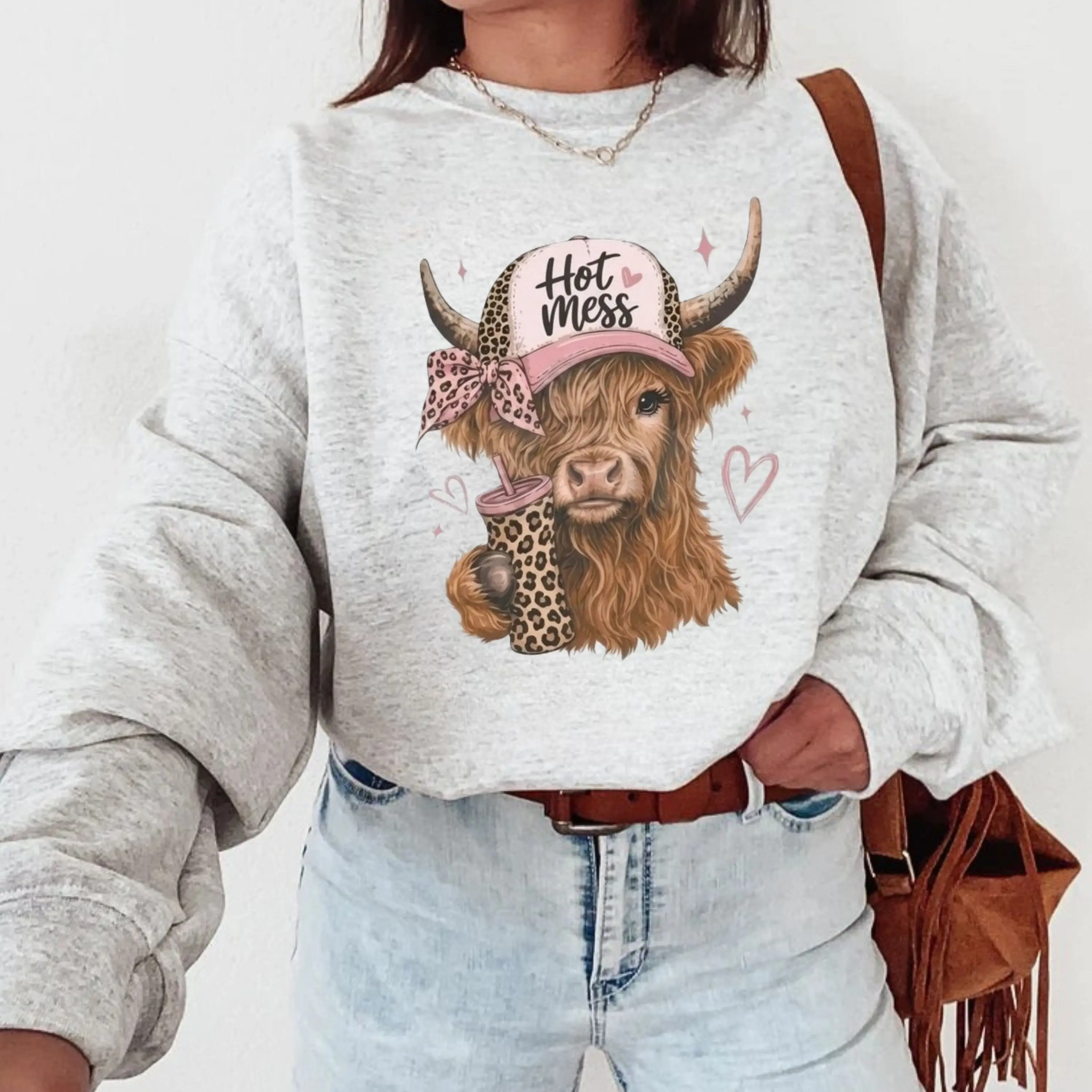 Highland Mess Graphic Sweatshirt, Cute Highland Cow Western Crewneck Sweater, Cozy Season