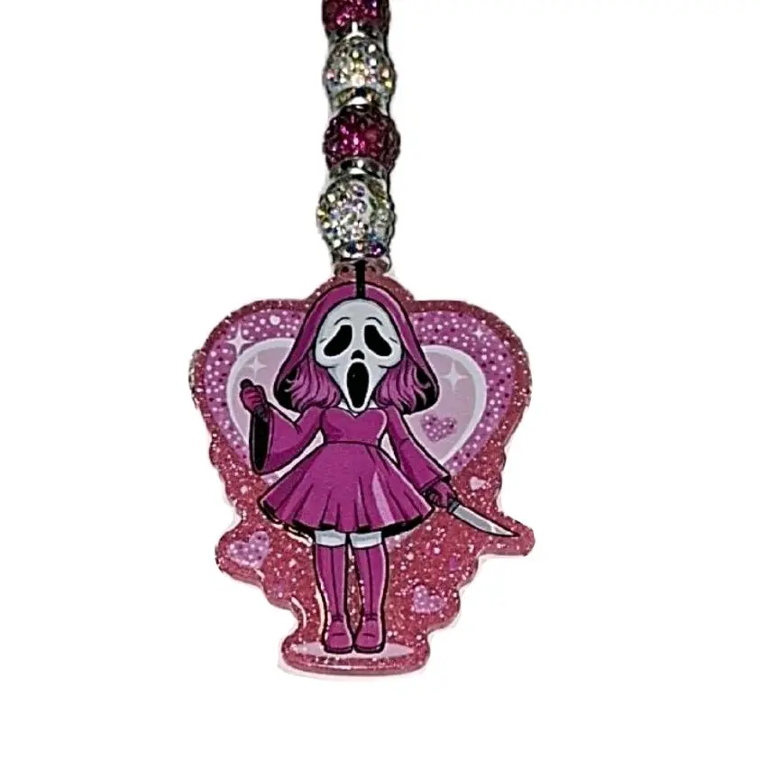 Girly Ghostface Bling Rearview Mirror Hanging Accessory - Magnetic Clip, Cute Car Accessories, Stylish Interior Decor, Bling Accents
