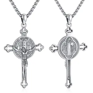 DRINSPER Saint Benedict Cross Necklace 925 Sterling Silver San Benito Pendant Necklace, Pardon Crucifix Necklace, Religious Jewelry for Men Women