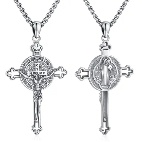 DRINSPER 925 Sterling Silver Saint Benedict Cross Chain Necklace - Hypoallergenic Link Pendant, 1 Pendant, Adults' Unisex San Benito Spiritual Medal, Adjustable Chain, Cross Choker, Daily Wear Religious Jewelry