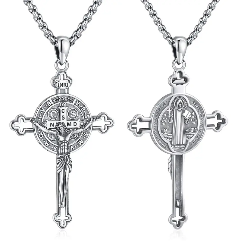 DRINSPER 925 Sterling Silver Saint Benedict Cross Chain Necklace - Hypoallergenic Link Pendant, 1 Pendant, Adults' Unisex San Benito Spiritual Medal, Adjustable Chain, Cross Choker, Daily Wear Religious Jewelry