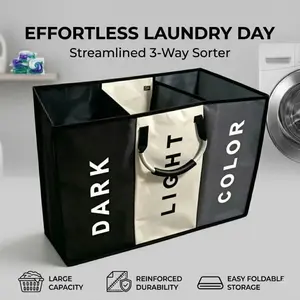 Heavy Duty 3-Compartment Casual Laundry Hamper, Large Capacity Oxford Cloth Basket with Aluminum Handles, Dirty Clothes Organizer for Dorm, Bedroom