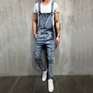 Men Slim Jeans Hip Hop Ripped Distressed Bib Overalls Jumpsuits Jeans Male Motorcycle Stylish Strap Jeans Biker Denim Trousers