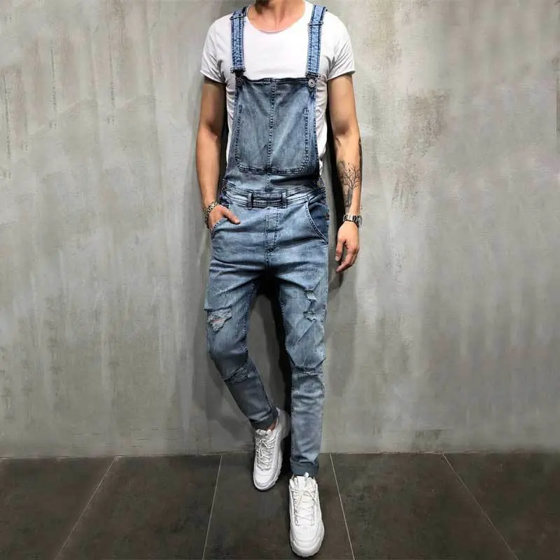 Men Slim Jeans Hip Hop Ripped Distressed Bib Overalls Jumpsuits Jeans Male Motorcycle Stylish Strap Jeans Biker Denim Trousers Summerwins