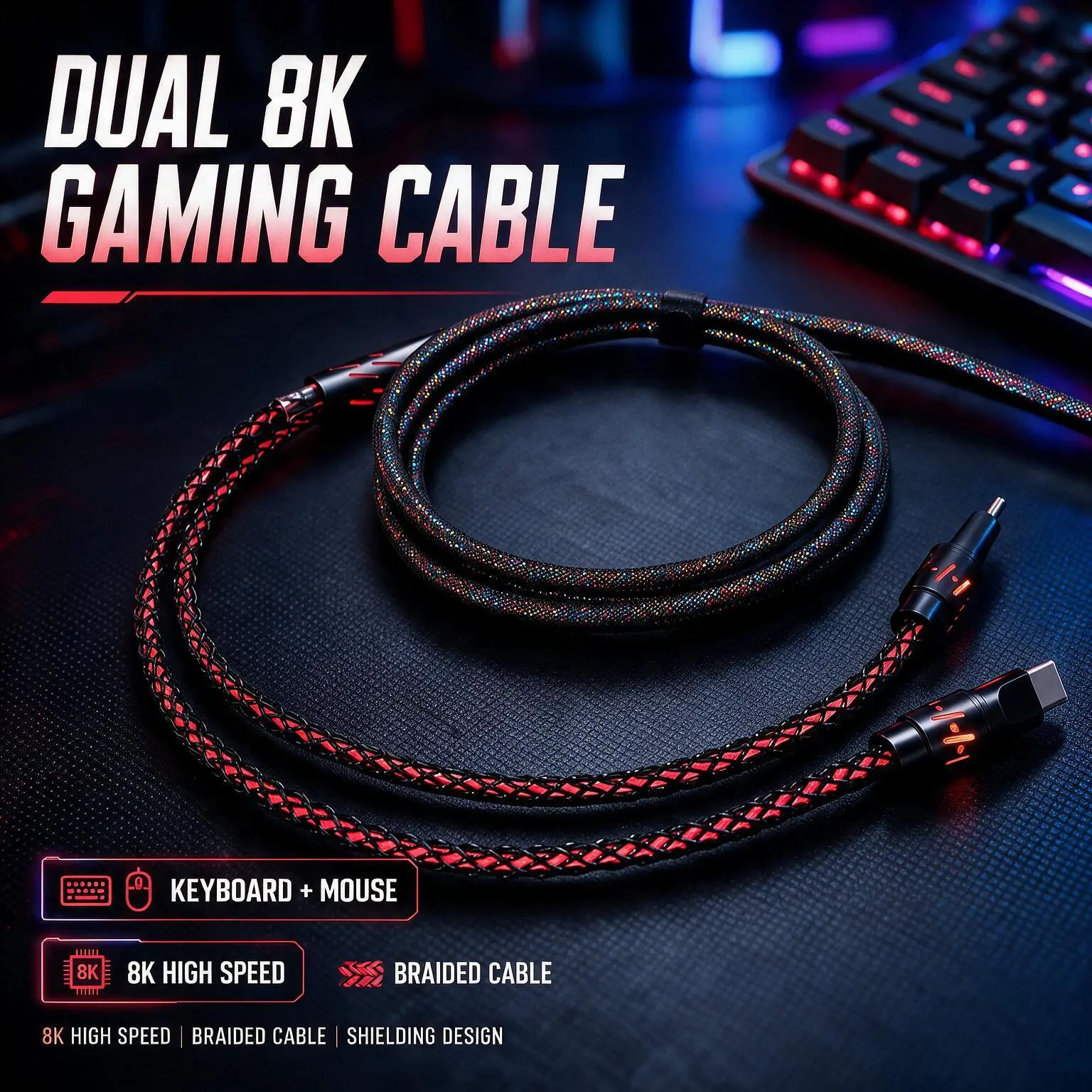 Coiled Braided Detachable Dual USB-C Cable for Mechanical Gaming Keyboard-Mouse, High-Speed Data Transfer Gaming PC Accessories, Desktop Setup Peripheral Accessory for Gamers