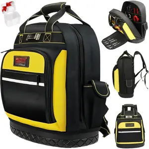 Tool Backpack,17"Heavy Duty Tool Backpack Bag with Waterof Molded Base,Durable Multi-Use Pocket Electrician & Industrial & Construction Work Backpack,Black/Yellow
