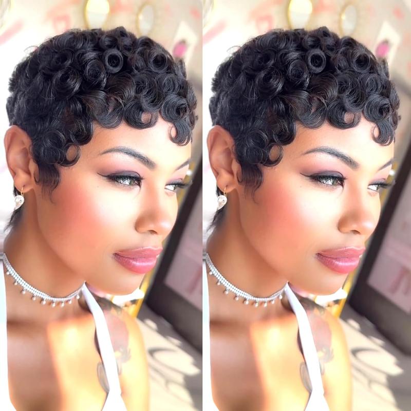 Short Curly Human Hair Wig Pixie Cut Wigs for Black Women Short Layered Curly Pixie Cut Wigs With Bangs Natural Black Color for Daily Use Glueless Full Machine Made Wig