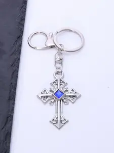 Gothic Floral Cross Keychain, Unisex Stainless Steel Silver Color, Catholic Religious Men's Design, Bag Charm Jewelry Gift