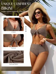 【S-2XL】Hanna Nikole Women's High Waisted Bikini Sets Two Piece Swimsuit with Tummy Control Textured Bathing Suits Tie Knot Swimwear for Beach Vacation