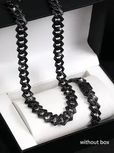 2pcs Iced Out Black Simple Cuban Chain Necklace Men Women 15mm Black Rhinestones Chunky Cuban Necklace+Bracelet Set Jewelry Trendy Jewelry Set