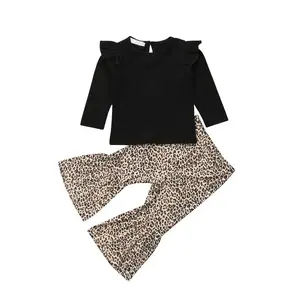 KIds Little Girls Fall Winter Outfit Set, Toddler Girl Long Sleeve Ruffle Sweatshirt Top+Long Leopard Elastic Flare Pants Bell-Bottom Outfits Set