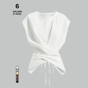 TFNOSlZE Women’s Casual Knit Short-Sleeve T-Shirt — stylish and distinctive design featuring an asymmetrical crisscross back with tie waist; comfortable, simple, breathable summer women’s wear; minimalist style Tshirt Batwing