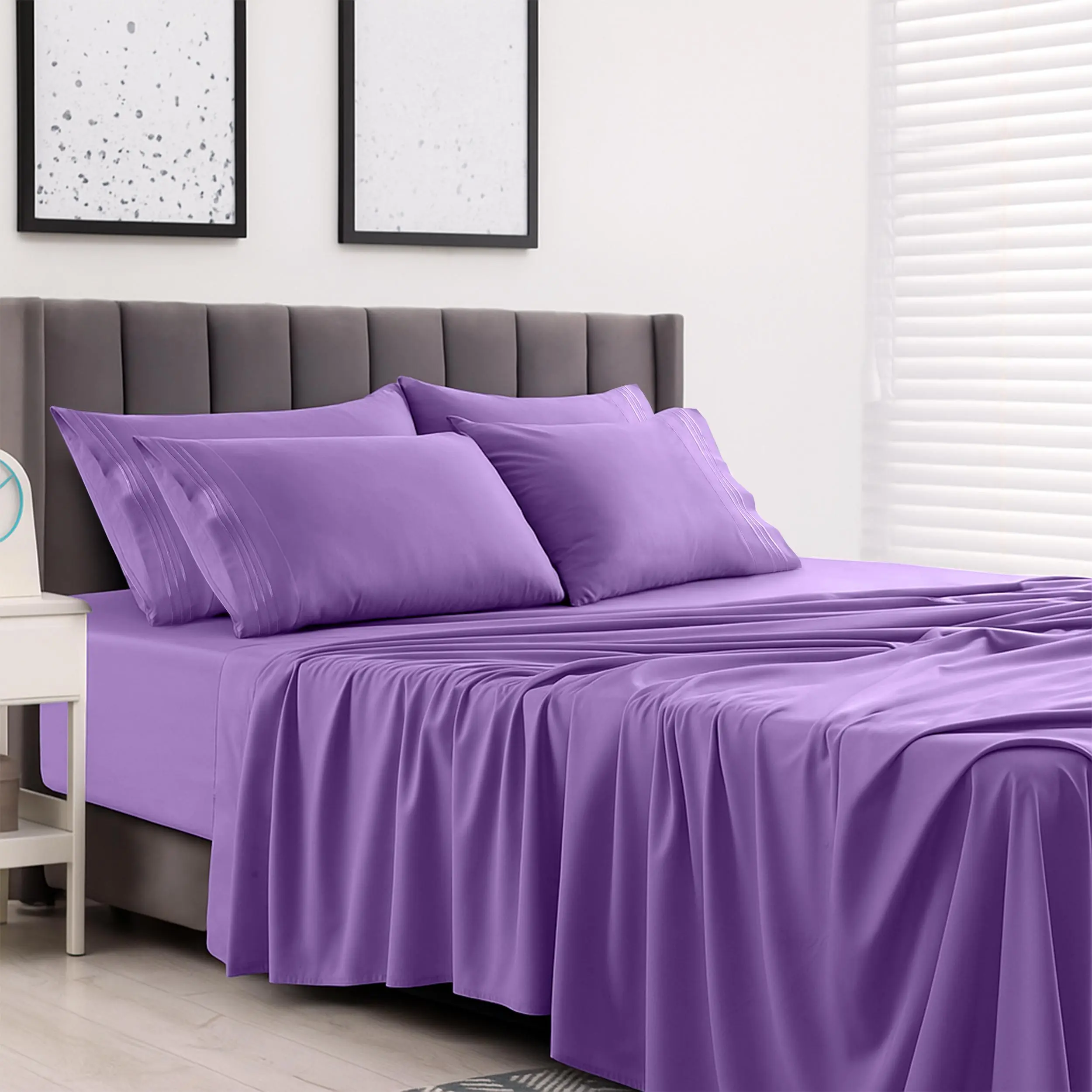 6Pc Solid King Purple Embroidered Bedsheet Set