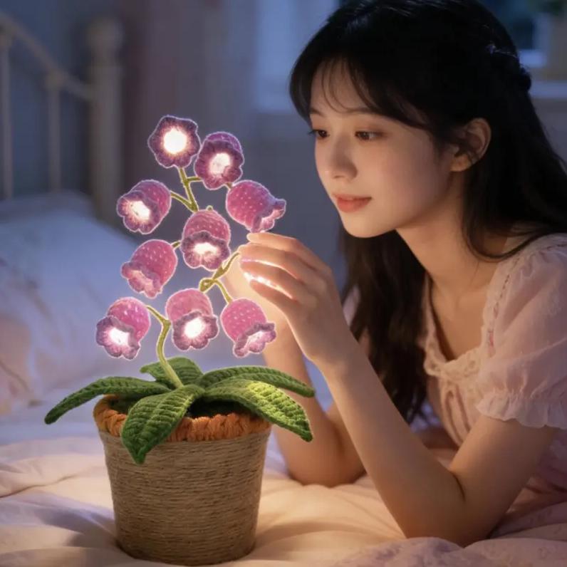 Mother's Day Gift | Handmade Crocheted Lily of the Valley LED Warm Light Lantern, Cute Bedside Desk Home Ornament, Premium Gift for Mom