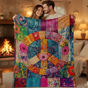 Retro 70s Groovy Peace Sign Flannel Throw Blanket - Color-Patched Boho Floral Aesthetic, Cozy Hippie Room Decor, Thoughtful Gift, Boho Blankets, Color-Patched Blankets