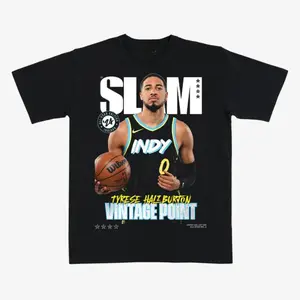 Tyrese Haliburton “Vintage Point” Basketball T-Shirt – Black Graphic Tee Featuring SLAM Style Indy Pro Hoops Star Design